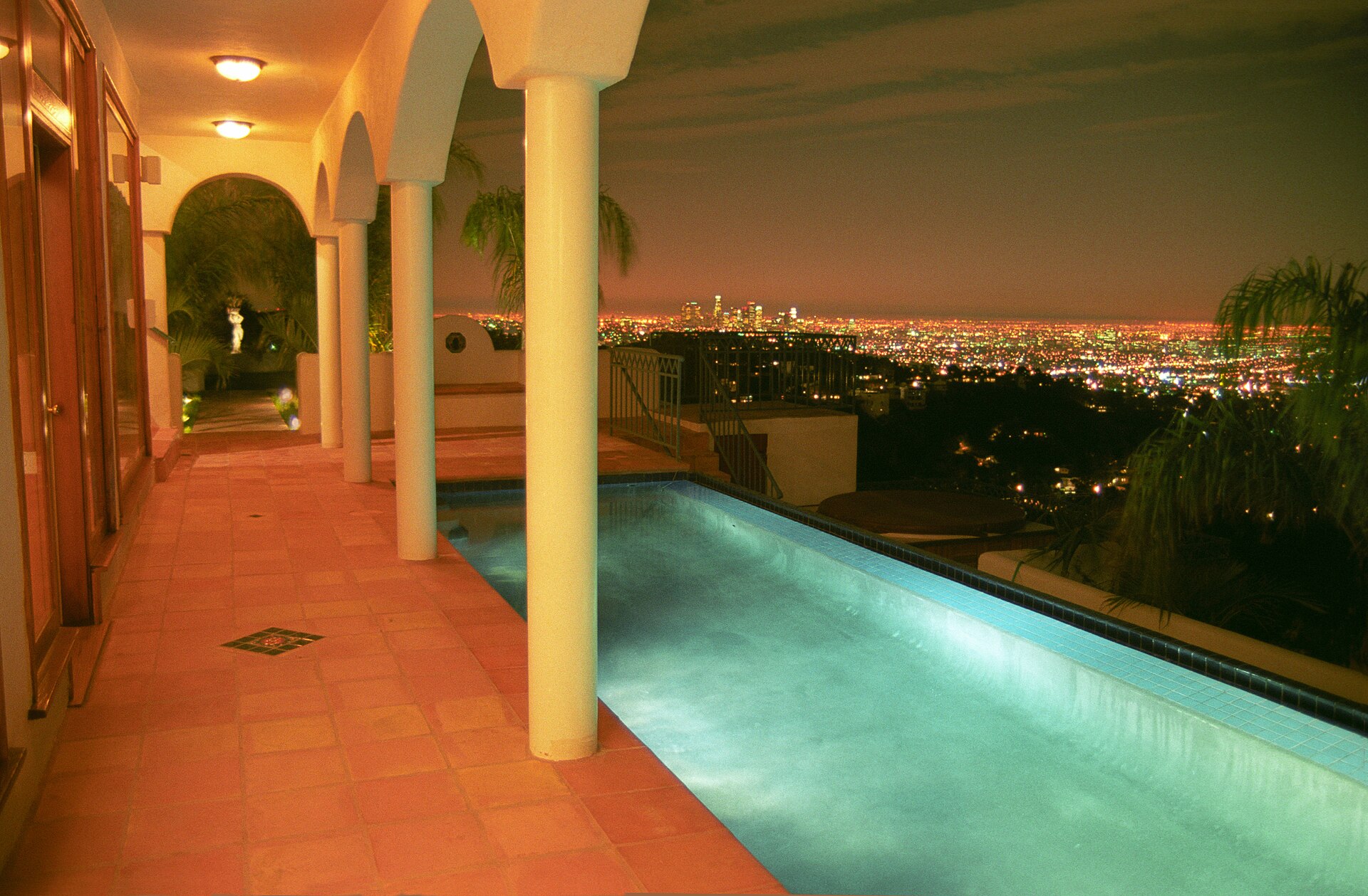 Residential pool at night, Casa de Lila, Los Angeles